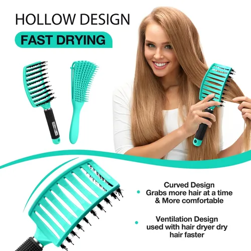 Miniatura 5 de Juego de 2 cepillos para el cabello, cepillos para el cabello para mujeres, hombres y niños, para cabello húmedo y seco, rizado, grueso, fino, Verde