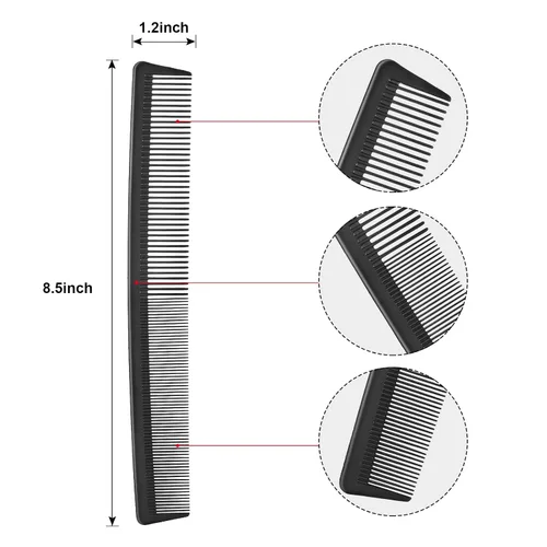 Miniatura 2 de Leinuosen Paquete de 3 peines de pelo de dientes finos y anchos, peine profesional de corte de fibra de barbero de carbono negro, herramienta