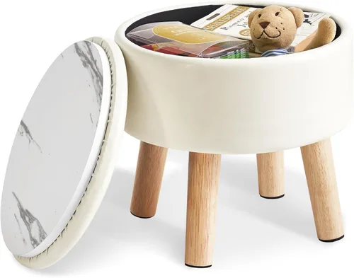 IBUYKE Taburete otomano de 13 pulgadas con almacenamiento, reposapiés pequeño redondo con asiento acolchado y patas de madera, mini reposapiés de
