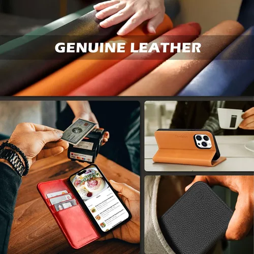 Miniatura 9 de SHIELDON Funda para iPhone 14 Pro 5G 2022, funda tipo cartera de piel auténtica con función atril y bloqueo RFID, funda magnética que absorbe