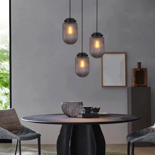 Miniatura 3 de 2 Pack Modern Smoke Gray Pendant Lights, Nordic Cylindrical Striped Glass Shade Ceiling Hanging Lighting, Adjustable Height E27/E26 Sockets