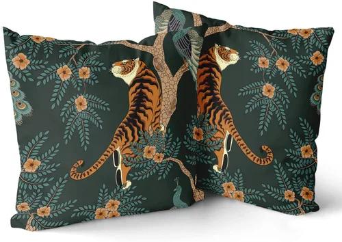Juego de 2 fundas de almohada de tigre, de algodón, con diseño de animales de bosque de pavo real, decorativas, para dormitorio, sofá, sala de