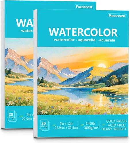 Miniatura 10 de Pacocoast Bloc de papel de acuarela, 9 x 12 pulgadas (300 gsm/140 libras) de prensa en frío, cuaderno de bocetos de color de agua, 20 hojas.