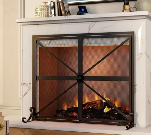 Miniatura 6 de Fire Beauty Pantalla de chimenea con puertas, 2 paneles hechos a mano de hierro forjado sólido malla decorativa, accesorios seguros para bebés