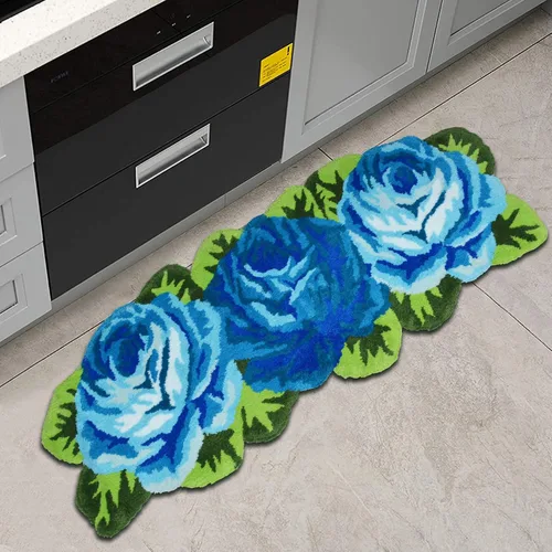 Miniatura 19 de Alfombrilla Abreeze con 4 rosas, alfombrillas con diseño de flores azul, hecha a mano, antideslizante (no se desliza), alfombrilla moderna, de puede