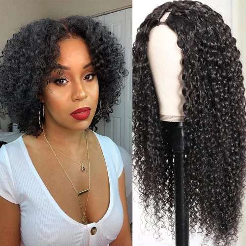 Pelucas de Raya en V Rizadas con Forma de V para Mujeres Negras, Sin Mechas Fuera, Mejora de Raya en U, Sin Pegamento, Peluca Completa con Clip,