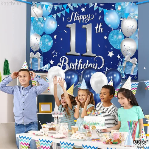 Miniatura 6 de KatchOn, Cartel de feliz cumpleaños número 11 azul y plateado, grande, 72 x 44 pulgadas, telón de fondo de cumpleaños número 11 para decoraciones