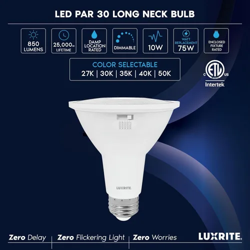 Miniatura 7 de LUXRITE PAR30 Bombilla LED de Inundación de Cuello Largo, Equivalente a 75W, 5 Colores Seleccionables 2700K-5000K, 850 Lúmenes, 10W, Bombilla LED