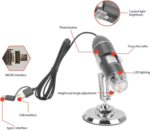 Miniatura 6 de Ciciglow Microscopio digital portátil de mano, 50-1600X con LED ajustable y soporte, USB para teléfono móvil Android portátil