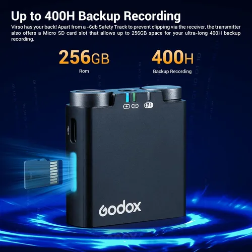 Miniatura 4 de GODOX Virso S M2 Micrófono inalámbrico para Sony, micrófono de solapa inalámbrico con cancelación de ruido de 2.4 GHz, rango de 656 pies, batería