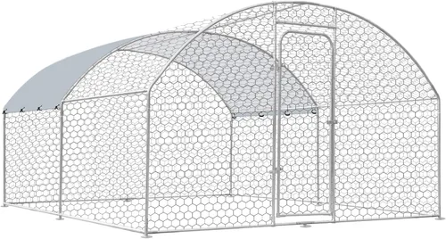 Gallinero grande de metal con paso, 9.8 pies de largo x 13 pies de ancho x 6.4 pies de alto, corral de pollo para patio con cala impermeable y
