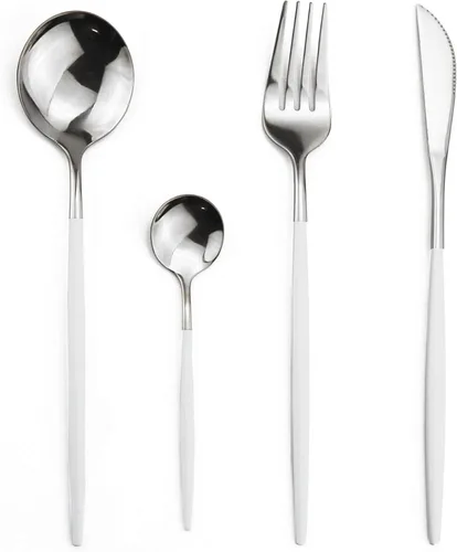 Miniatura 2 de Juego de cubiertos de 24 piezas, acero inoxidable 18/0, cuchillo, cuchara y tenedor, mango blanco plateado, para 6 personas