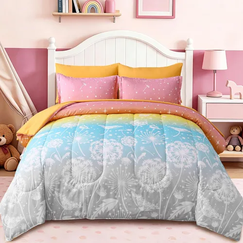 Miniatura 10 de Dinjoy Juego de edredón para niñas, tamaño individual, colorido, azul, rosa, morado, arcoíris, juego de ropa de cama de 6 piezas en una bolsa