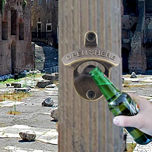Miniatura 4 de Abridor de tapas de botellas montado en la pared de bronce antiguo con imanes, soporte de poste magnético retro para abridor de botellas