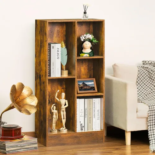 Miniatura 4 de LEYAOYAO Estantería moderna de 5 cubos de madera marrón de mediados de siglo, estante organizador de almacenamiento de 3 niveles, gabinete