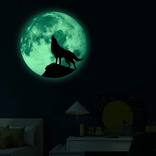 Miniatura 8 de Calcomanía creativa de pared de luna luminosa, diseño de lobo que brilla en la oscuridad, adhesivo de pared de PVC extraíble impermeable