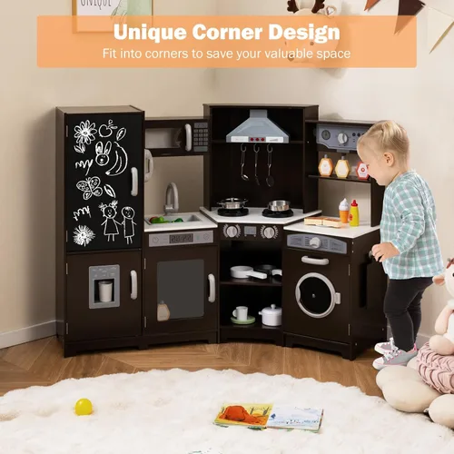 Miniatura 2 de GLACER Cocina de madera de esquina para niños, juego de cocina grande con sonido, luz, pizarra, microondas, máquina de hielo, lavadora, accesorios
