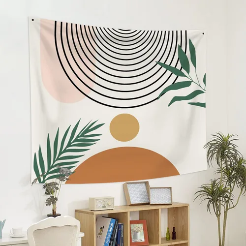 Miniatura 6 de Tapiz bohemio de mediados de siglo, moderno abstracto geométrico, tapiz con diseño de arco de sol, hojas verdes, tapices para colgar en la pared, 59