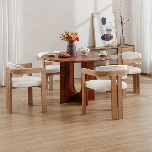 Miniatura 8 de Juego de 4 sillas de comedor modernas de barril, sillas de comedor tapizadas con respaldo curvado y patas de madera, sillas laterales de lino