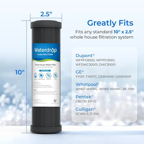 Miniatura 5 de Waterdrop Cartucho de filtro de agua de carbón CTO para toda la casa de 2.5" x 10", filtro de agua de sedimento de carbón de 1 micrón, repuesto