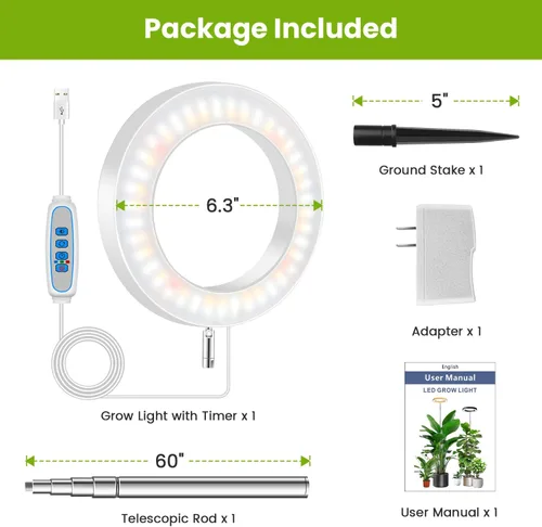 Miniatura 7 de Kullsinss Luz de Cultivo Blanca, Luces LED de Espectro Completo para Cultivo en Interior con Temporizador de 6/12/16H, 3 Modos de Color, 5 Niveles