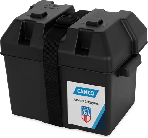 Camco Caja de baterías grande con correas y herrajes - Grupo 27, 30, 31 | Almacena de forma segura las baterías de RV, automotriz y marina | Mide