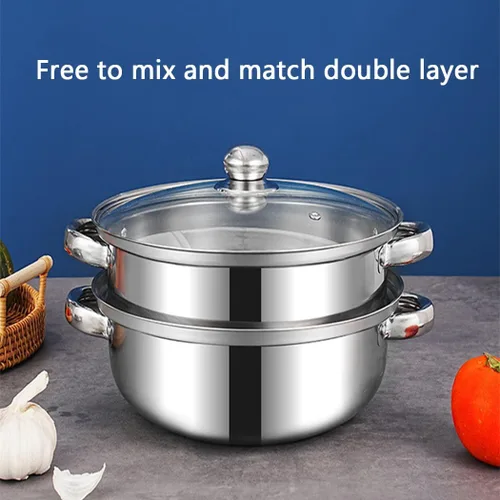 Miniatura 5 de Olla de vapor para cocinar olla de vapor de 3.0 cuartos de galón con tapa, utensilios de cocina multiusos de acero inoxidable de 2 niveles con asa