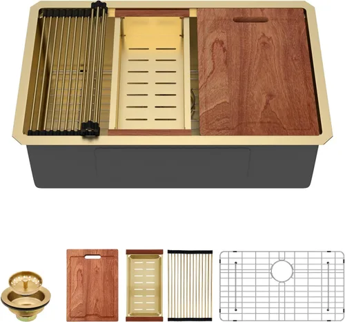 Miniatura 10 de Lordear Fregadero de cocina de montaje inferior de 23 pulgadas, estación de trabajo, fregadero de cocina de acero inoxidable calibre 16, cuenco