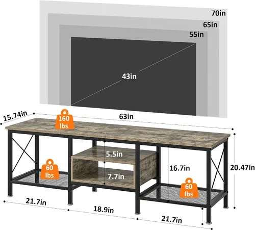 Miniatura 6 de VECELO Soporte de TV industrial para gabinete de televisión de 70 pulgadas, consola de 3 niveles con estantes de almacenamiento abiertos, marco