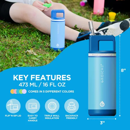 Miniatura 8 de GROSCHE Alpine Flip n' Sip - Botella de agua aislada de 16 onzas para niños, acero inoxidable, a prueba de fugas, con pajilla, perfecta para Azul