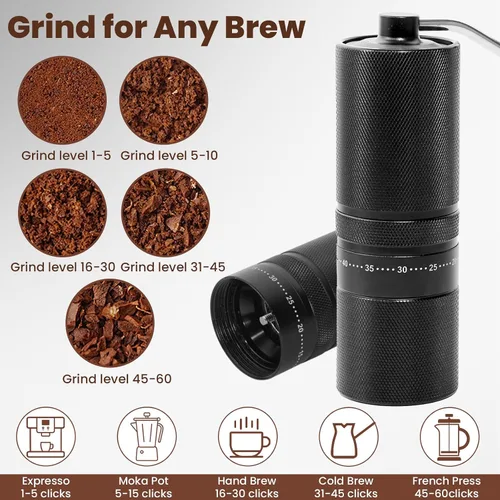 Miniatura 4 de Molinillo de café manual con 60 ajustes ajustables, molinillo de café portátil de mano con capacidad de 0.99 oz, molinillo de café cónico de acero