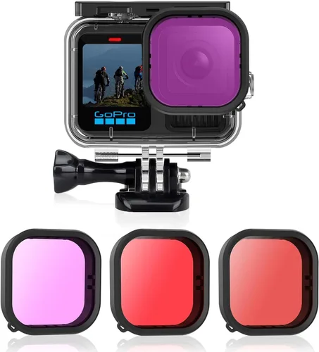 AFAITH Paquete de 3 filtros de buceo + funda impermeable para GoPro Hero 13/12/11/10/9 Negro, cubierta protectora de carcasa protectora para