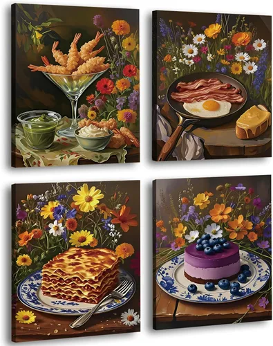 Juego de 4 impresiones artísticas enmarcadas para cocina, decoración de pared de cocina vintage, juego de 4 (8 x 10 pulgadas) divertidas imágenes