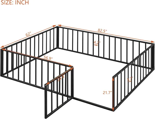 Miniatura 4 de Harper & Bright Designs Cama de suelo Queen con rieles de valla y puerta, cama de piso de metal Queen para niñas y niños, cama de suelo Montessori