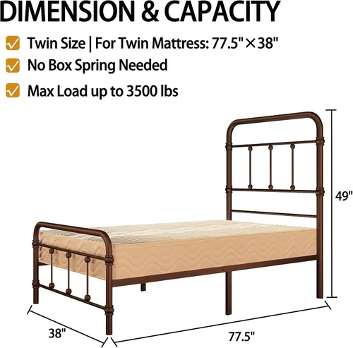 Miniatura 2 de Giselle - Base de cama individual con cabecera para niños, de metal antiguo vintage, base de colchón de plataforma, 49 pulgadas de alto, no necesita