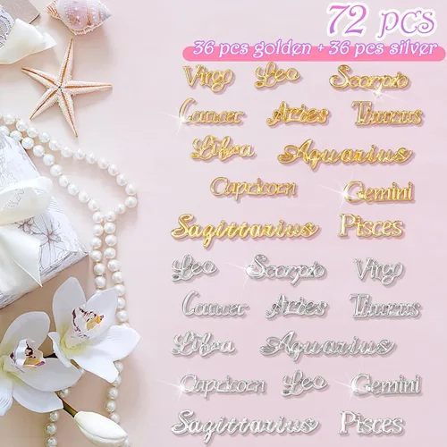 Miniatura 2 de Mckanti 72 dijes de palabras del zodiaco, oro y plata, con doce constelaciones, dije de aleación del zodiaco para uñas, para manualidades, moldes
