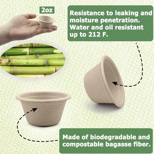 Miniatura 3 de CAMKYDE Vasos de Soufflé Desechables de Fibra de Bagazo de 2 oz, Paquete de 100, Vasos para Condimentos 100% Naturales Biodegradables Compostables
