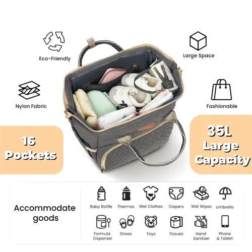 Miniatura 2 de ROSEGIN Mochila para pañales para bebé con cambiador, funda para chupete, para niños y niñas pequeños, grande, elegante, impermeable, bolsa de Gris
