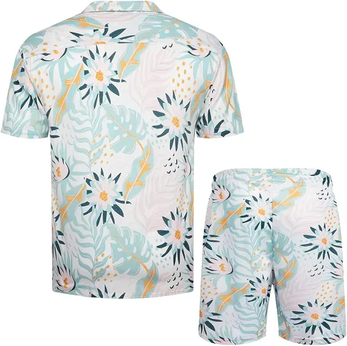 Miniatura 3 de DUOFIER Conjunto de camisa hawaiana para hombre, 2 piezas, estampado floral, conjunto de ropa de vacaciones para la playa
