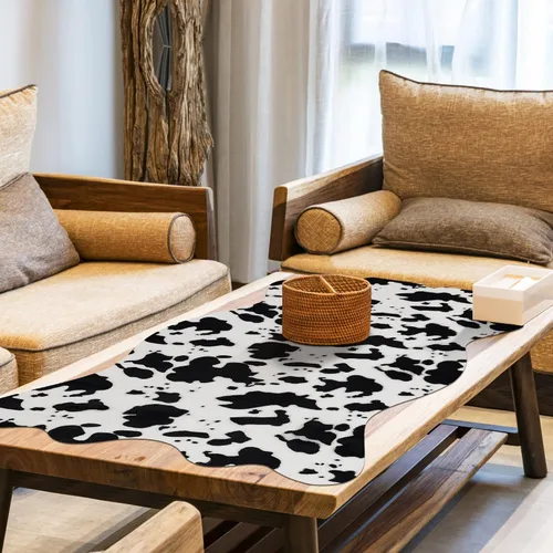 Miniatura 6 de Bonita alfombra con estampado de vaca, pequeña de piel sintética de vaca en blanco y negro, alfombra con estampado animal para mesa, dormitorio