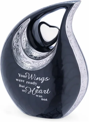 Miniatura 5 de Gran urna de lágrima negra con corazón plateado para cenizas humanas masculinas - Urnas para hombres y mujeres adultos - Urnas de cremación