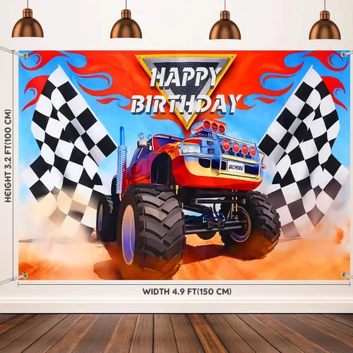 Miniatura 2 de Irenare Los suministros de fiesta de Monster Truck incluyen 1 telón de fondo de camión monstruo, 1 mantel de bandera de plástico a cuadros, telón