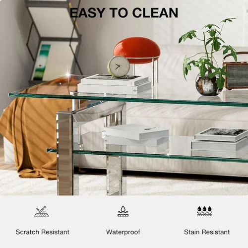 Miniatura 8 de IKIFLY Mesa de centro de cristal con tablas de vidrio de 2 niveles y patas de metal resistentes, mesa auxiliar rectangular de vidrio transparente