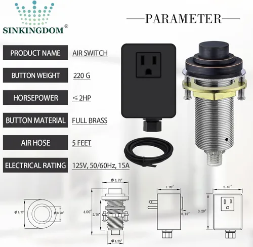 Miniatura 5 de Kit de interruptor de aire SinkTop (botón largo de latón completo) para eliminación de basura, bronce aceitado inalámbrico Un bronce aceitado