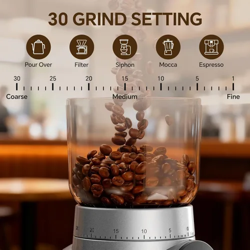 Miniatura 2 de Molinillo de café eléctrico, molinillo de granos de café con rebabas con 30 configuraciones de molienda, molinillo de muelas para uso doméstico