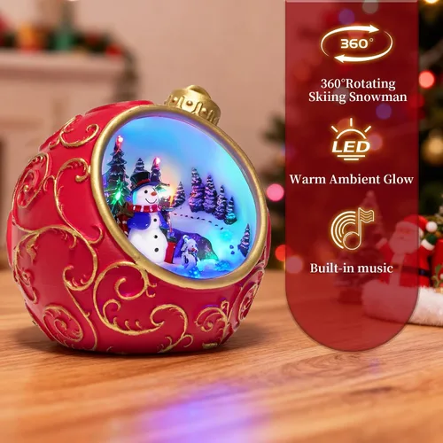 Miniatura 8 de Figuras musicales animadas de pueblo navideño de 6.3 pulgadas con muñeco de nieve giratorio de esquí y luces, temporizador automático de 6 horas