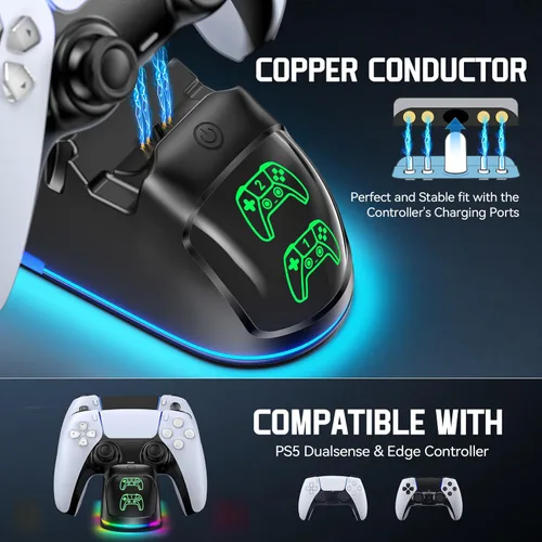 Miniatura 5 de Rysker Cargador de Controlador para PS5, Estación de Carga Dual para PlayStation 5 Dualsense y Edge con Luz RGB, Estación de Carga Rápida de Negro