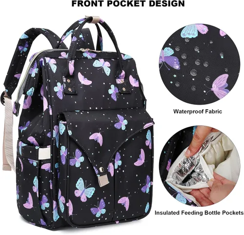 Miniatura 3 de Mochila de pañales de mariposa para bebés, niñas y niños, gran capacidad, multifuncional, impermeable, para maternidad, con correas para cochecito