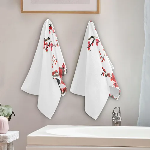 Miniatura 3 de Paquete de 2 toallas de mano con diseño de flor de cerezo rojo, toallas de baño absorbentes de microfibra asiática japonesa con tinta de acuarela