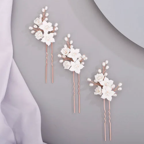 Miniatura 7 de Chargances 3 horquillas para el pelo de perlas de flores blancas para novia, cuentas de perlas plateadas, hechas a mano, accesorios para el cabello